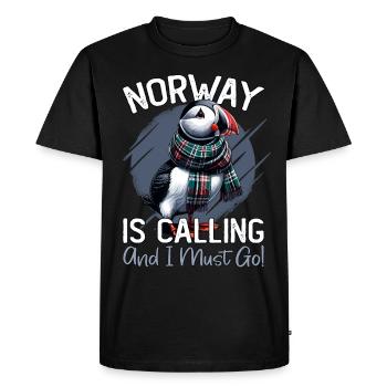 Norway, Puffins, Norway Is Calling - Men's Premium Organic T-Shirt - black - Front - Nico (187cm)