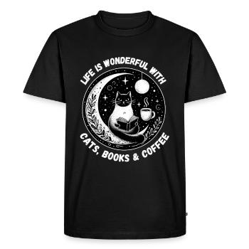 Life is wonderful Cats Books Coffee Reading Happiness - Men's Premium Organic T-Shirt - black - Front - Nico (187cm)