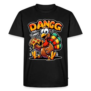 Dangg This Yummy, Cartoon Turkey Pizza - Men's Premium Organic T-Shirt - black - Front - Nico (187cm)
