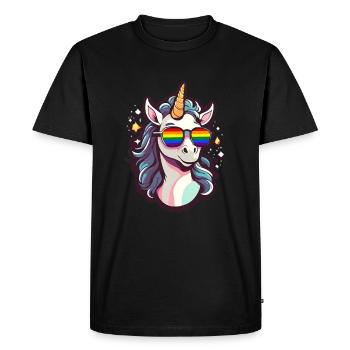 LGBTQ Einhorn mit Sonnenbrille Regenbogen Fahne - Männer Premium Bio T-Shirt - Schwarz - Vorne - Nico (187cm)