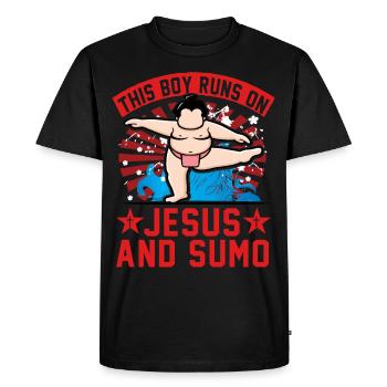 Ce garçon court sur Jésus et le sumo - T-shirt Premium bio Homme - noir - Devant - Nico (187cm)