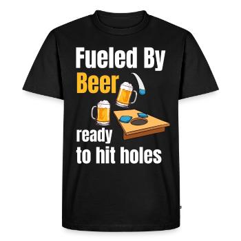 Powered by beer, ready to punch holes. - Men's Premium Organic T-Shirt - black - Front - Nico (187cm)
