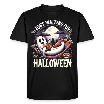 En attendant Halloween avec un livre et un fantôme - T-shirt Premium bio Homme - noir - Devant - Nico (187cm)