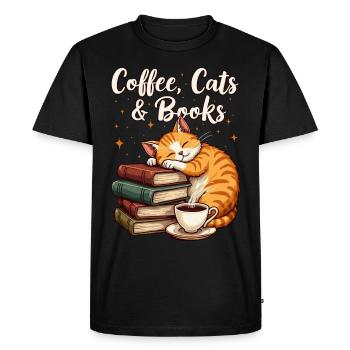 Café, Chat, Livre et lecture, Amateur de café - T-shirt Premium bio Homme - noir - Devant - Nico (187cm)