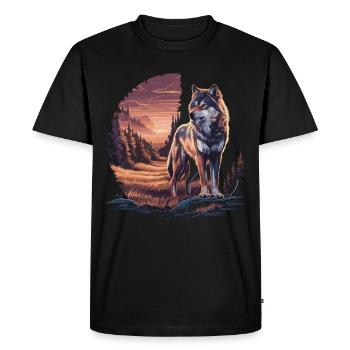 Loup solitaire au coucher du soleil – Nature sauvage - T-shirt Premium bio Homme - noir - Devant - Nico (187cm)