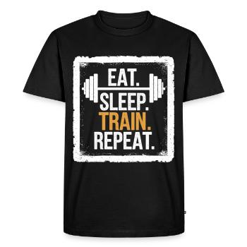 Eat Sleep Train Repeat – Fitness & Gym Shirt - Männer Premium Bio T-Shirt - Schwarz - Vorne - Nico (187cm)