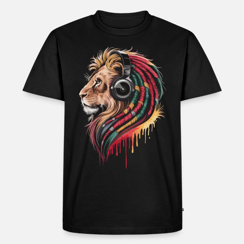 Reggae Löwe mit Kopfhörer - Männer Premium Bio T-Shirt - Schwarz