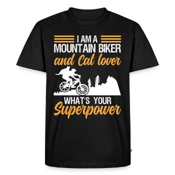 Mountain biker and cat lover superpower - Men's Premium Organic T-Shirt - black - Front - Nico (187cm)