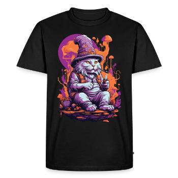 Psychedelic Art Forest Mushrooms Goa Trance Cat - Men's Premium Organic T-Shirt - black - Front - Nico (187cm)
