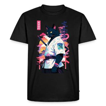 Chat samouraï Vaporwave Esthétique Japon Art - T-shirt Premium bio Homme - noir - Devant - Nico (187cm)