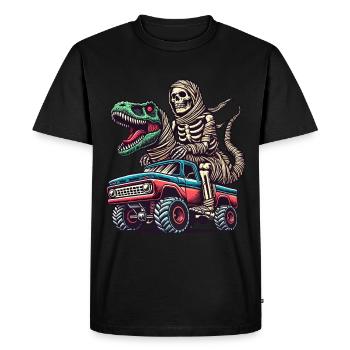 Dino avec squelette de dinosaure sur monster truck - T-shirt Premium bio Homme - noir - Devant - Nico (187cm)