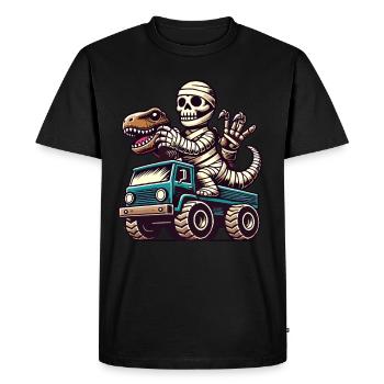 Dino avec squelette de dinosaure sur monster truck - T-shirt Premium bio Homme - noir - Devant - Nico (187cm)