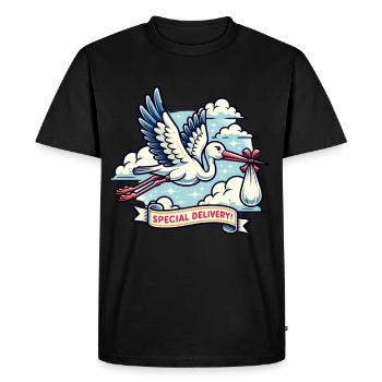 Arrivée spéciale avec cigogne et nuages - T-shirt Premium bio Homme - noir - Devant - Nico (187cm)