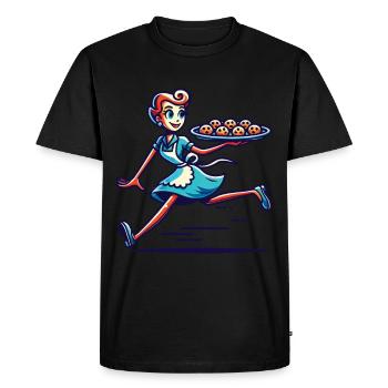 Boulanger joyeux servant des biscuits frais - T-shirt Premium bio Homme - noir - Devant - Nico (187cm)