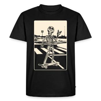 Un squelette sur skateboard traverse une route de campagne. - T-shirt Premium bio Homme - noir - Devant - Nico (187cm)