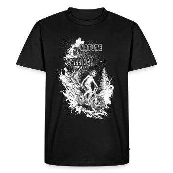 "Find your flow": Cyclist masters the mountain - Men's Premium Organic T-Shirt - black - Front - Nico (187cm)