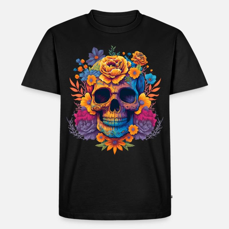 Schädel mit bunten Blumen - Männer Premium Bio T-Shirt - Schwarz