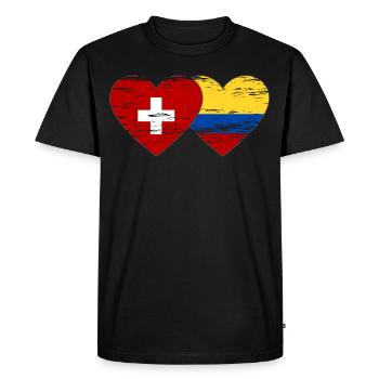 Coeur de drapeau de la Suisse et de la Colombie utilisé - T-shirt Premium bio Homme - noir - Devant - Nico (187cm)