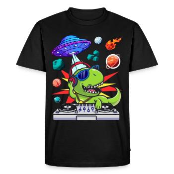 DJ Dinosaure Party, Platine, Vinyle, Musique OVNI - T-shirt Premium bio Homme - noir - Devant - Nico (187cm)