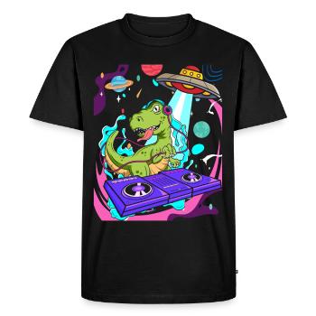 DJ Dinosaure Party, Platine, Vinyle, Musique OVNI - T-shirt Premium bio Homme - noir - Devant - Nico (187cm)