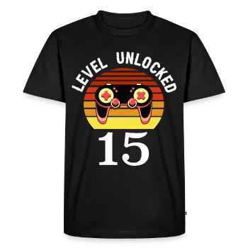 Niveau 15 débloqué 15 Anniversaire 15 ans - T-shirt Premium bio Homme - noir - Devant - Nico (187cm)