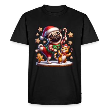 Carlin danse avec un chat et un bonhomme en pain d’épice Noël - T-shirt Premium bio Homme - noir - Devant - Nico (187cm)