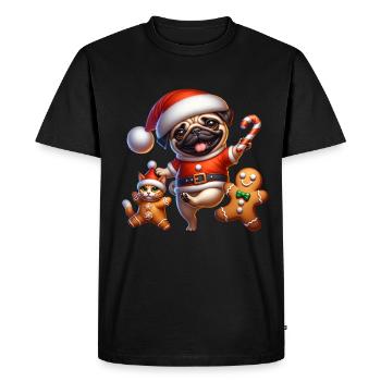 Carlin dansant avec du pain d’épices et Noël de chat - T-shirt Premium bio Homme - noir - Devant - Nico (187cm)