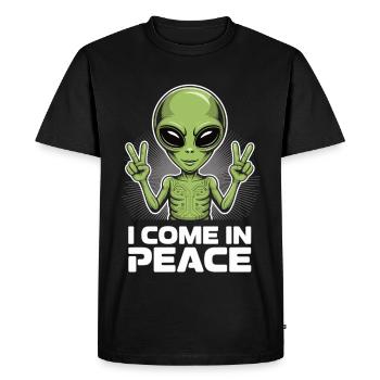 Extraterrestre drôle « Je viens en paix » - T-shirt Premium bio Homme - noir - Devant - Nico (187cm)