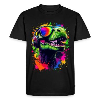 T Rex with Headphones Sunglasses Neon Dino Design - Men's Premium Organic T-Shirt - black - Front - Nico (187cm)