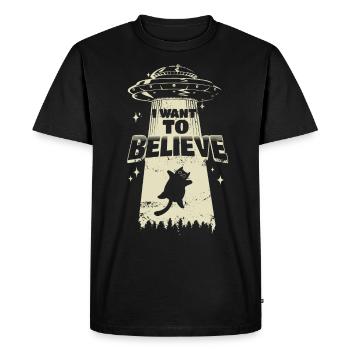 I Want to believe - Cat is kidnapped by UFO - Men's Premium Organic T-Shirt - black - Front - Nico (187cm)