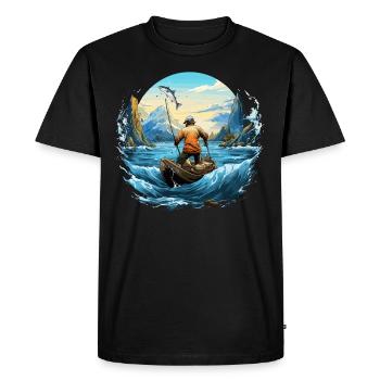 Pêche, Pêcheur, Bateau, Eau, Poisson, Nature, Montagnes - T-shirt Premium bio Homme - noir - Devant - Nico (187cm)