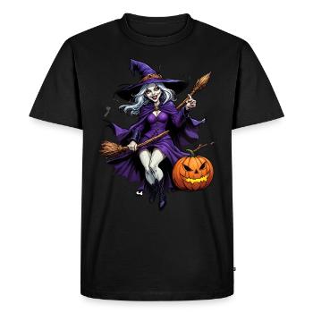Sorcière d’Halloween avec illustration de citrouille - T-shirt Premium bio Homme - noir - Devant - Nico (187cm)