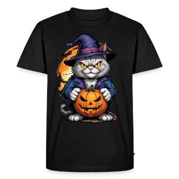 Chat d’Halloween avec citrouille - T-shirt Premium bio Homme - noir - Devant - Nico (187cm)
