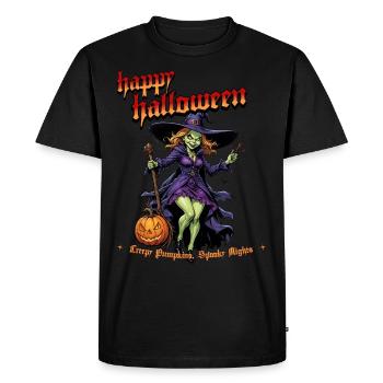 Sorcière d’Halloween avec illustration de citrouille - T-shirt Premium bio Homme - noir - Devant - Nico (187cm)