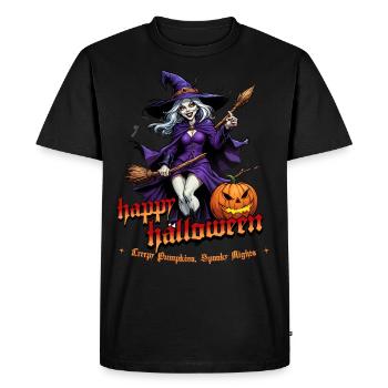 Sorcière d’Halloween avec illustration de citrouille - T-shirt Premium bio Homme - noir - Devant - Nico (187cm)