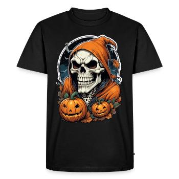 Halloween skull with pumpkins and hood - Men's Premium Organic T-Shirt - black - Front - Nico (187cm)