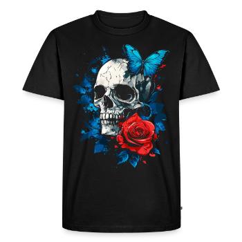 Crâne, Crâne, Papillon, Rose, Fleur - T-shirt Premium bio Homme - noir - Devant - Nico (187cm)