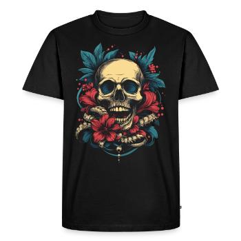 Crâne tropical avec des fleurs - T-shirt Premium bio Homme - noir - Devant - Nico (187cm)