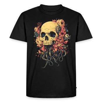 Crâne de fleur avec racines et tentacules - T-shirt Premium bio Homme - noir - Devant - Nico (187cm)