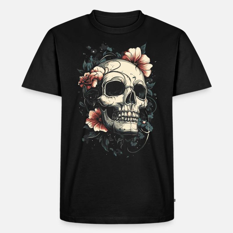 Schädel mit Blumen Tattoo-Stil - Männer Premium Bio T-Shirt - Schwarz