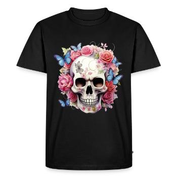 Crâne Crâne Roses Fleurs Papillons - T-shirt Premium bio Homme - noir - Devant - Nico (187cm)
