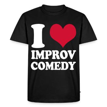 Théâtre d’improvisation J’aime l’improvisation Comédie Humour - T-shirt Premium bio Homme - noir - Devant - Nico (187cm)