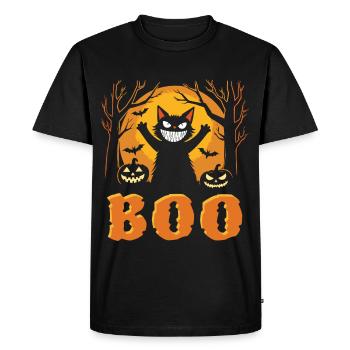 Happy Halloween Cat - Sourire effrayant - BOO - T-shirt Premium bio Homme - noir - Devant - Nico (187cm)