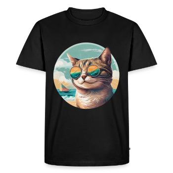 Chat sur la plage avec lunettes de soleil et voilier - T-shirt Premium bio Homme - noir - Devant - Nico (187cm)