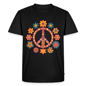 Logo Peace and Love avec des couleurs vintage - T-shirt Premium bio Homme - noir - Devant - Nico (187cm)