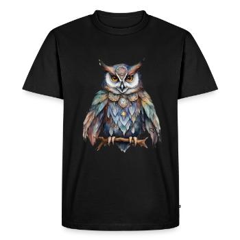 Chamanic Power Animal Hibou, Sagesse Intuiotion - T-shirt Premium bio Homme - noir - Devant - Nico (187cm)