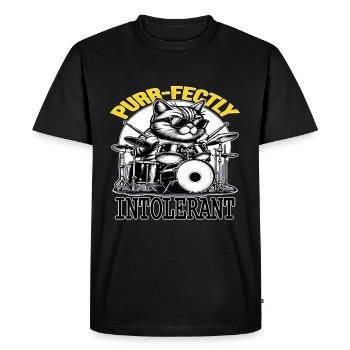 Cat Drummer, Purrfectly Intolerant Beat Master - Men's Premium Organic T-Shirt - black - Front - Nico (187cm)
