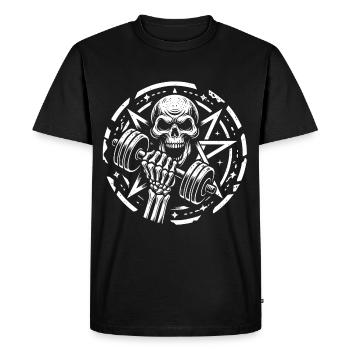 Entraînement de musculation avec haltère crâne et pentagramme - T-shirt Premium bio Homme - noir - Devant - Nico (187cm)