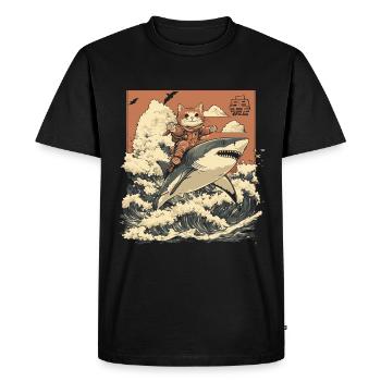 Chat chevauchant le requin au Japon style artistique de dessin animé - T-shirt Premium bio Homme - noir - Devant - Nico (187cm)