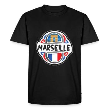 Marseille France Drapeau Badge Voyage Souvenir Timbre - T-shirt Premium bio Homme - noir - Devant - Nico (187cm)